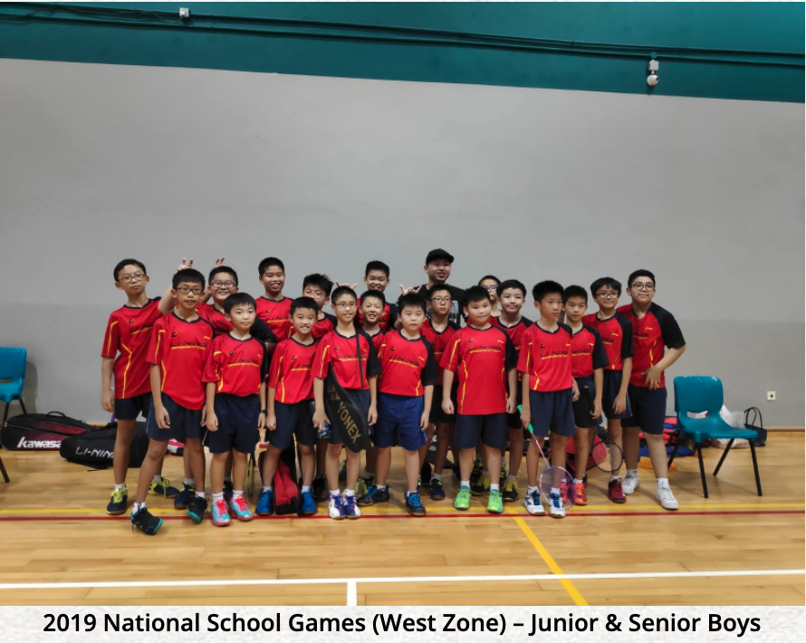 A group of boys in red jerseys holding badminton rackets pose on a court at the 2019 National School Games.